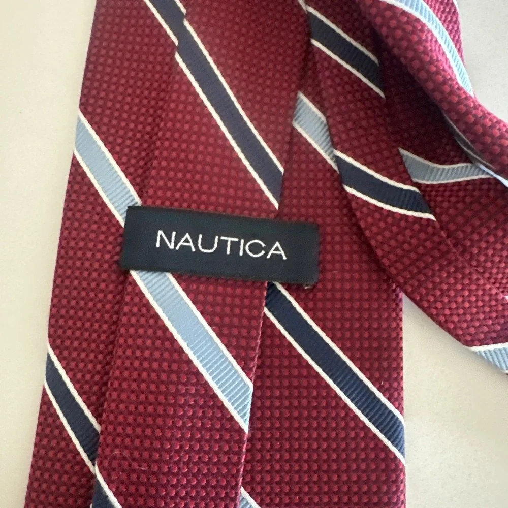 Nautica Mens Silk Tie Red With Blue And White‎ Stripes 100% Silk Patriotic Wide